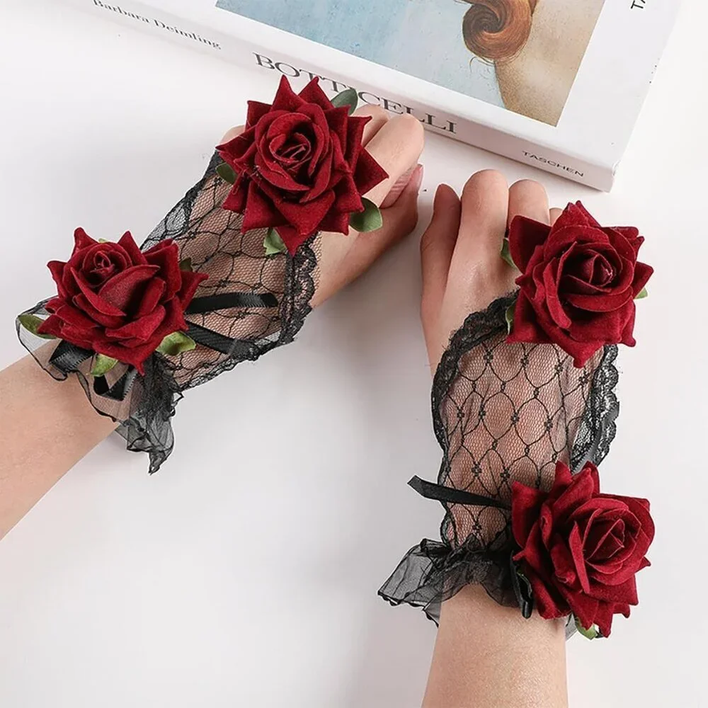 Women's Black Flower Rose Lace Hand Sleeve Gloves Wedding Halloween Accessories